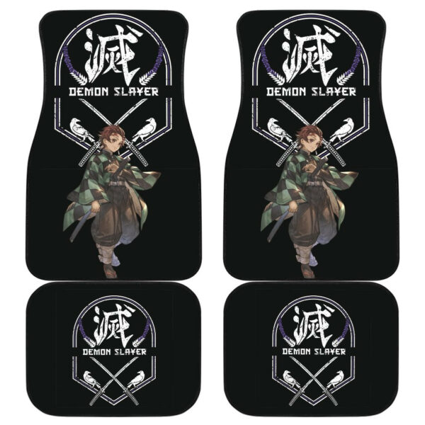 Demon Slayer Anime Car Floor Mats – Tanjiro Standing Smiling Cross Swords DS Kanji Car Mats